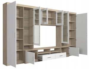 Nástenná skrinka s displejom Paris GR01 s 2 komodami 3D 2S a 2D 2S Grafit/Sonoma dub s LED