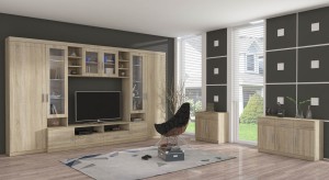 Nástenná skrinka s vitrínou Paris SO01 s 2 komodami 3D 2S a 2D 2S Sonoma dub s LED