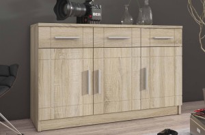 Nástenná skrinka s vitrínou Paris SO01 s 2 komodami 3D 2S a 2D 2S Sonoma dub s LED