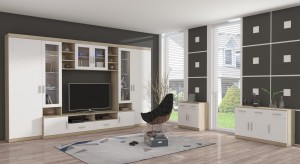 Nástenná skrinka s vitrínou Paris WH01 s 2 komodami 3D 2S a 2D 2S Biela/Sonoma dub s LED