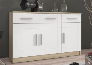 Nástenná skrinka s vitrínou Paris WH01 s 2 komodami 3D 2S a 2D 2S Biela/Sonoma dub s LED