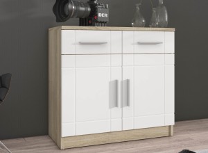 Nástenná skrinka s vitrínou Paris WH01 s 2 komodami 3D 2S a 2D 2S Biela/Sonoma dub s LED