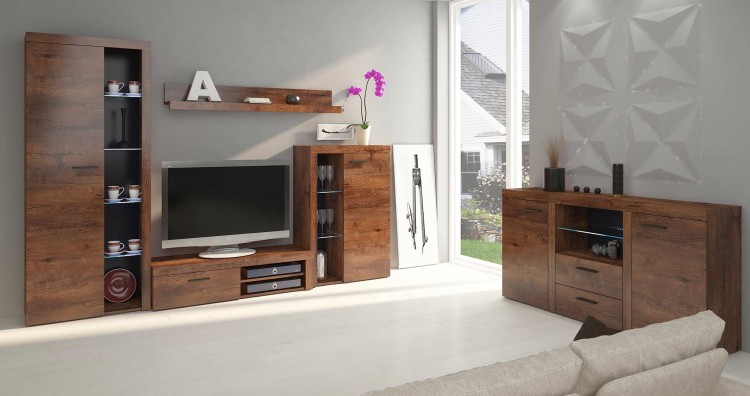 Nástenná skrinka Rumba DL01 s komodou DL20 2D 2S Dub Lefkas s LED