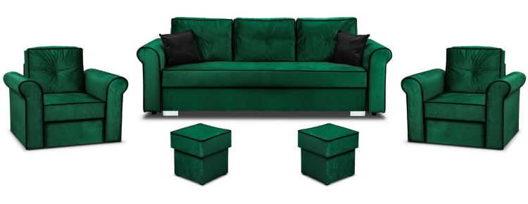 Merida Lounge Set Pohovka s 2 kreslá s podnožkami Tmavo zelená