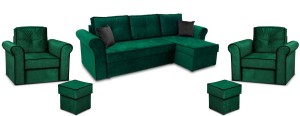 Sedacia súprava Trevor rohová pohovka s 2x kreslo s pufom Tmavo zelená