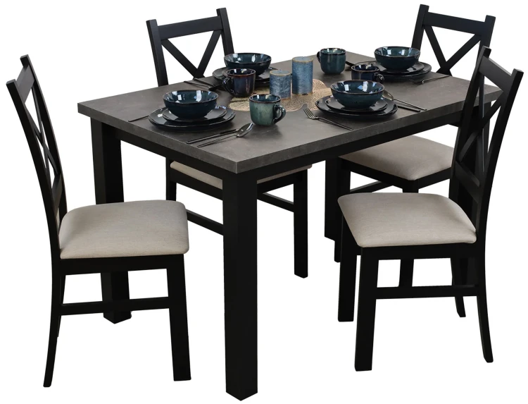 Stôl 120x80 Čierna/Betón so 4 stoličkami Čierna/Béžová M005-4