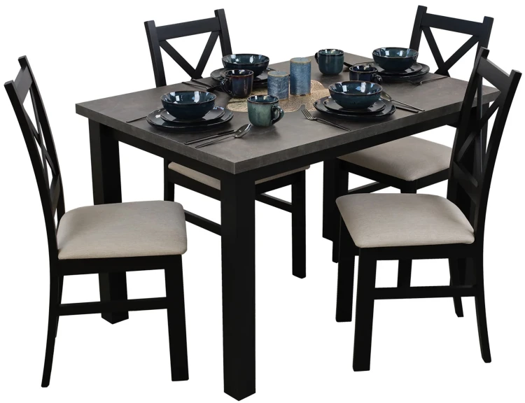 Rozkladací stôl 150/190x80 Čierna/Betón so 4 stoličkami Čierna/Béžová M006-4