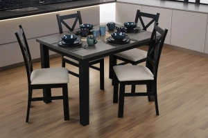 Rozkladací stôl 150/190x80 Čierna/Betón so 4 stoličkami Čierna/Béžová M006-4