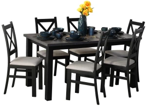 Rozkladací stôl 150/190x80 Čierna/Betón so 6 stoličkami Čierna/Béžová M006-6