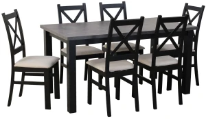 Rozkladací stôl 150/190x80 Čierna/Betón so 6 stoličkami Čierna/Béžová M006-6