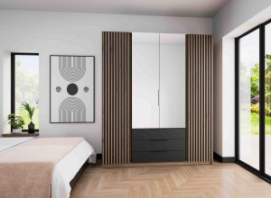 Šatníková skriňa do predsiene 4-dverová so zrkadlom a zásuvkami Dravero EV/BL-EV 2LAM 2L 3S