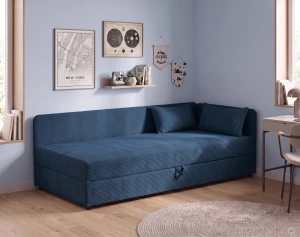 Čalúnená jednolôžková posteľ s úložným priestorom Hirek 80x180 Menčester Tmavomodrá