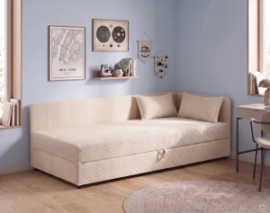 Čalúnená jednolôžková posteľ s úložným priestorom Hirek 80x200 Menčester Krémová