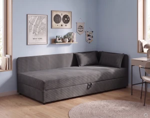 Čalúnená jednolôžková posteľ s úložným priestorom Hirek 80x200 Menčester Grafitová