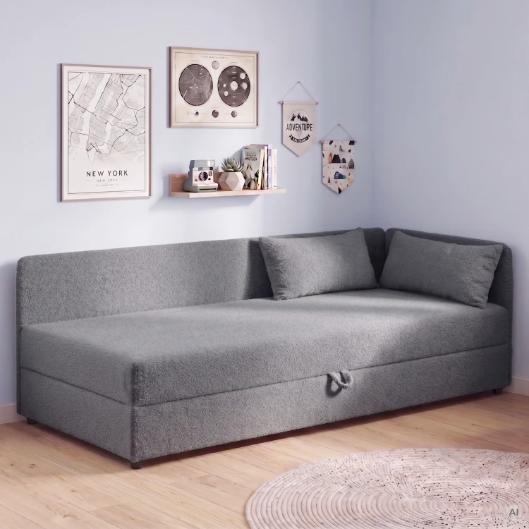 Jednolôžková váľanda s úložným priestorom Hirek 90x200 bouclé baranček grafitová