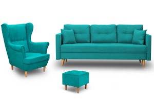 Škandinávsky set nábytku pohovka s kreslom a pufom Tyrkysová