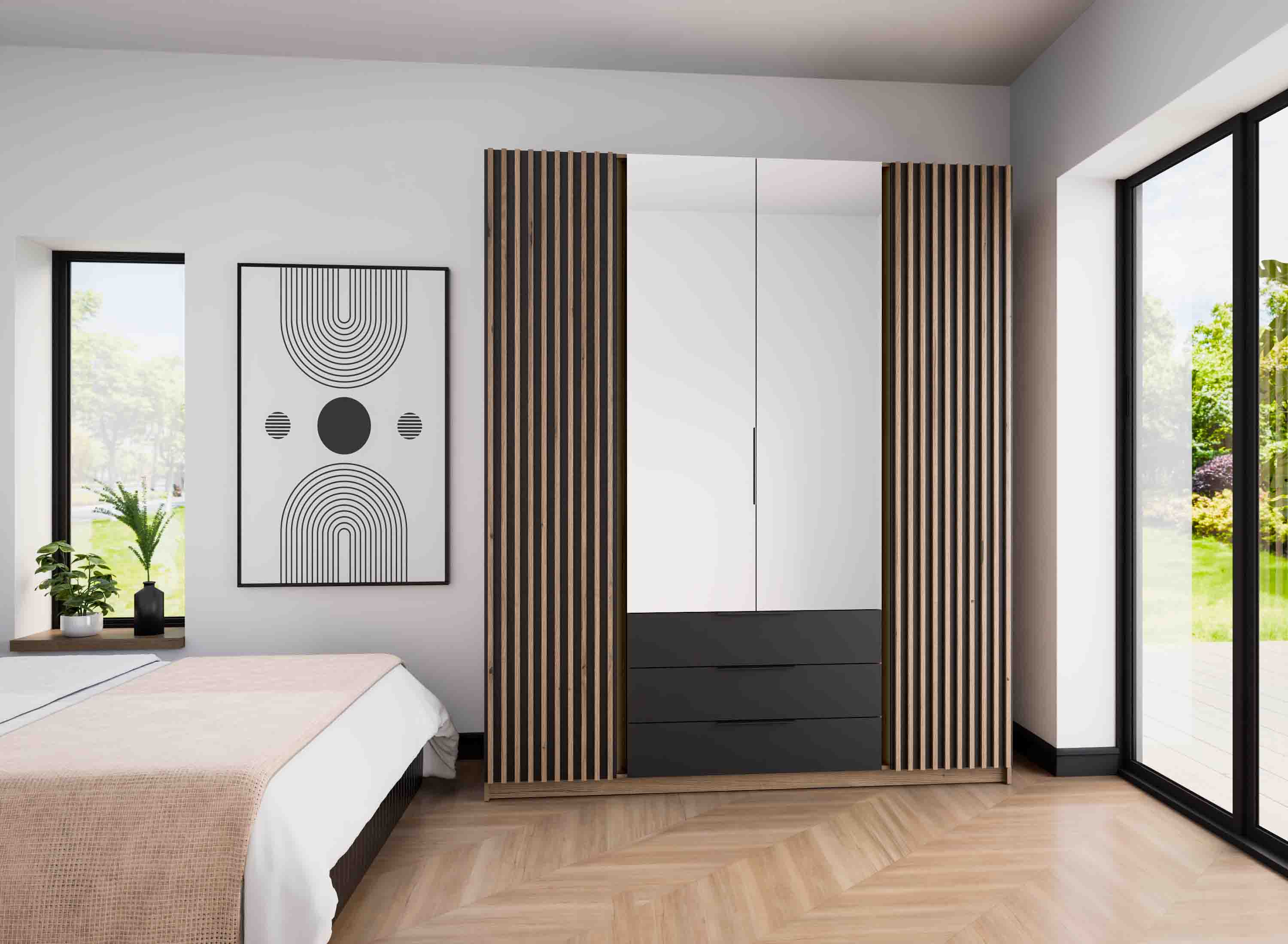 Šatníková skriňa do predsiene so zrkadlom a zásuvkami Dravero EV/BL-EV 2LAM 2L 3S
