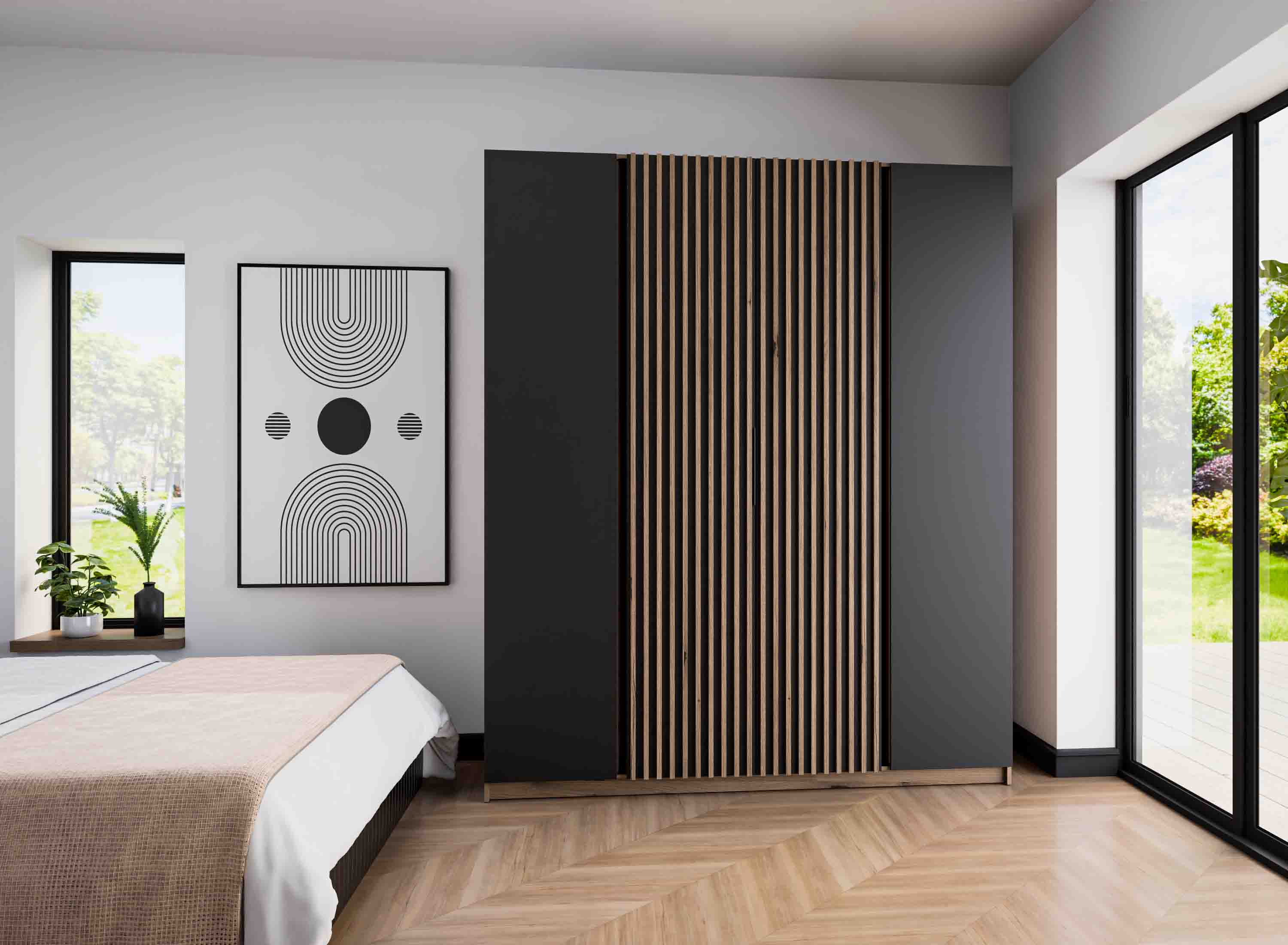 Šatníková skriňa do predsiene a spálne so štyrmi dverami a lamelami Dravero EV/BL-EV 2F 2LAM