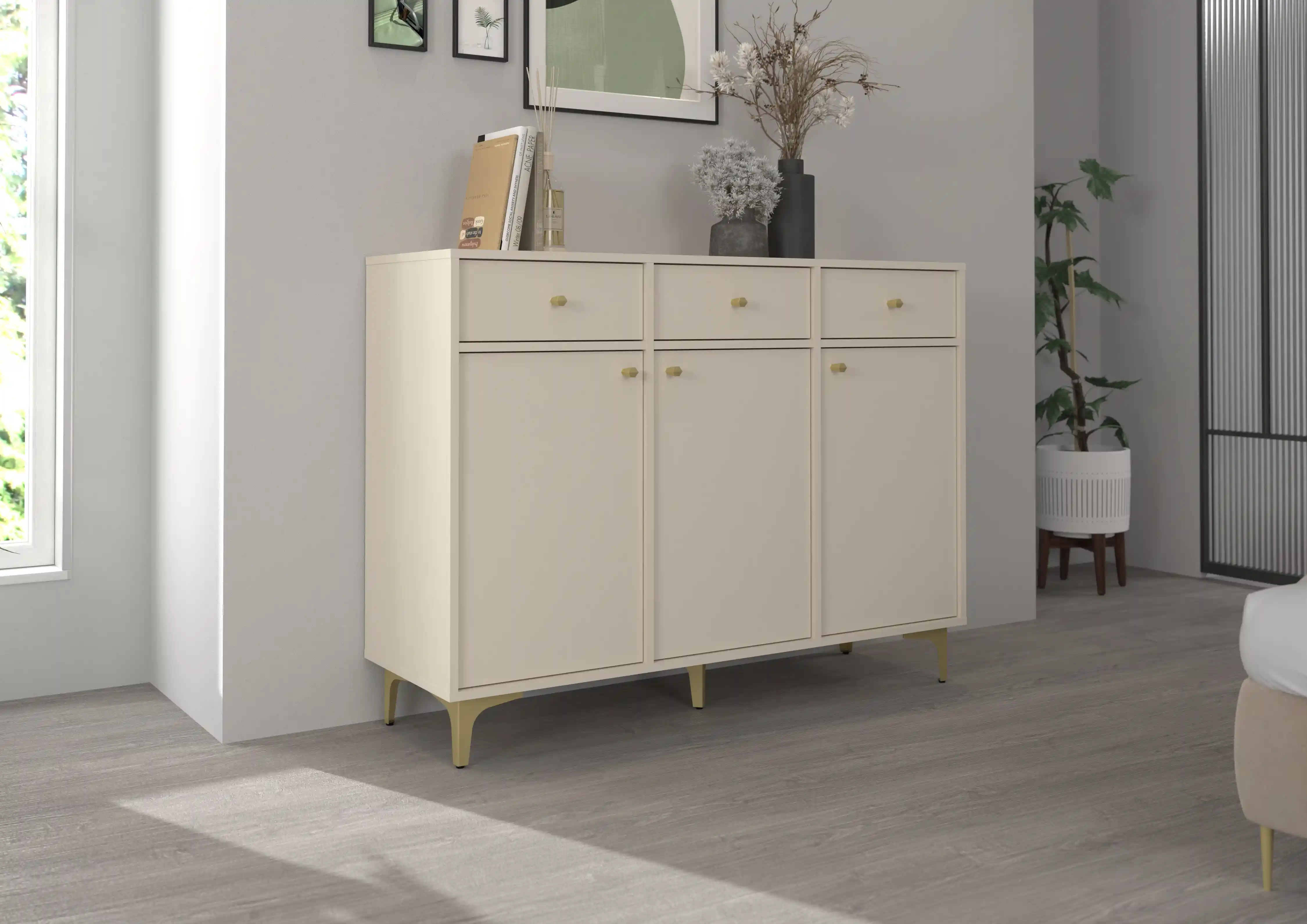 Komoda s zásuvkami do obývačky Sakai 3F 3S T827 Béžová