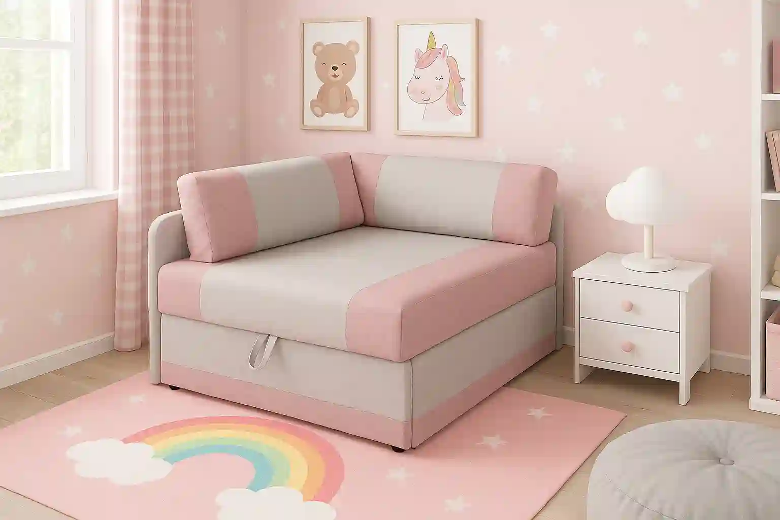 Rozkladacia rohová pohovka s funkciou spania pre jednu osobu Vaxer Ružovo/Sivá