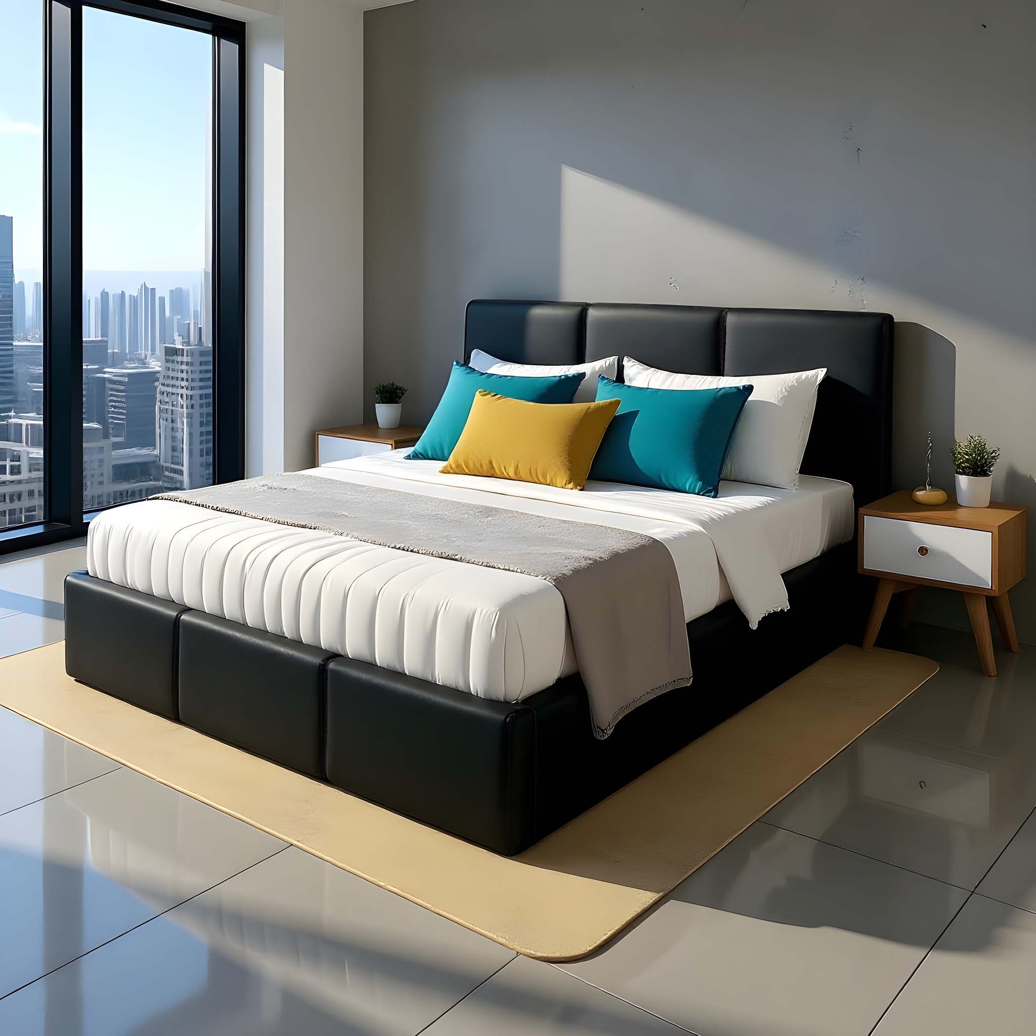 Manželská posteľ VELORA 180x200 čierna ekokoža s úložným priestorom