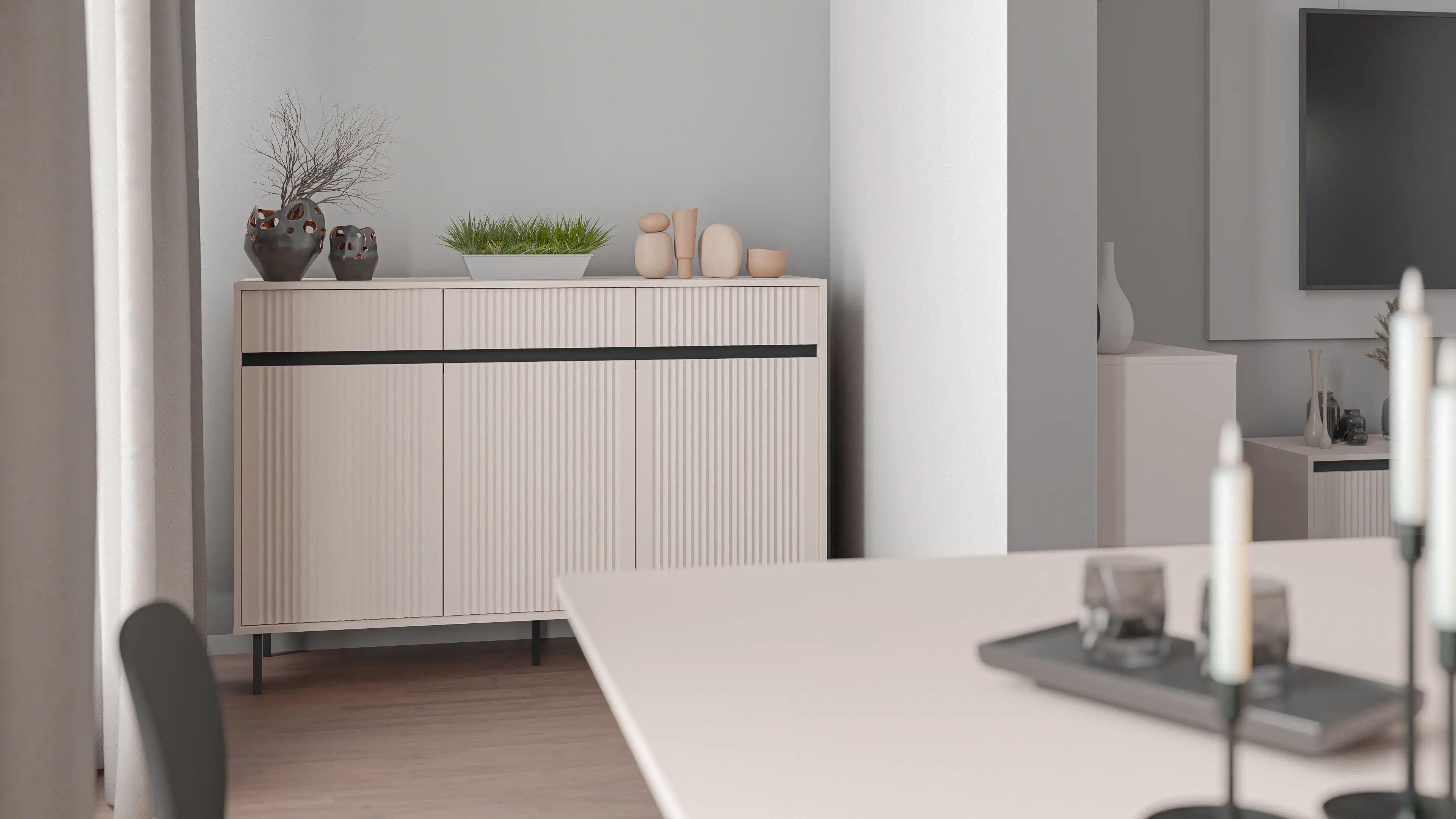 Komoda s ryhovaným čelom Yukashi 3F3S T833 béžová