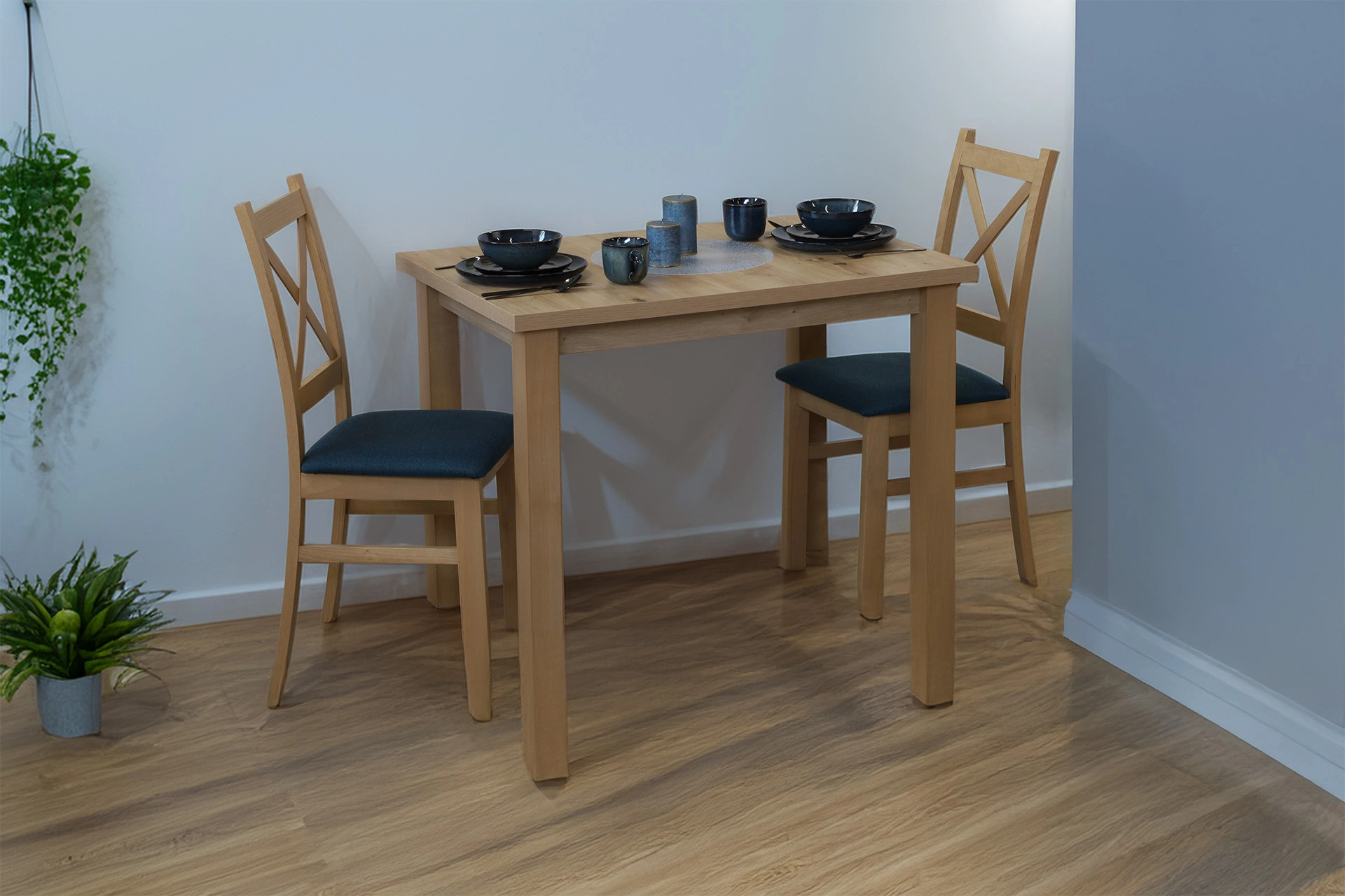 Sada 2x čalúnených krížových stoličiek do jedálne dub Artisan/tyrkysová