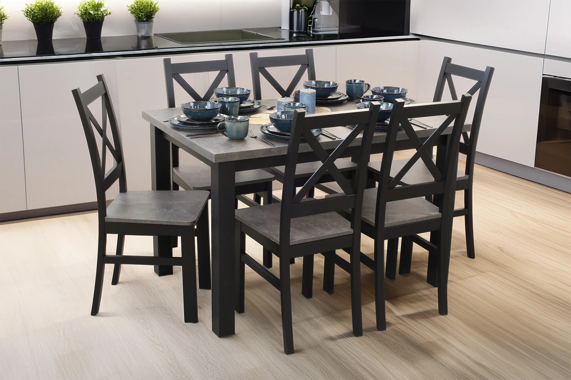 Jedálenský set 120x80 so 6 stoličkami M002-6 Čierna/Betón