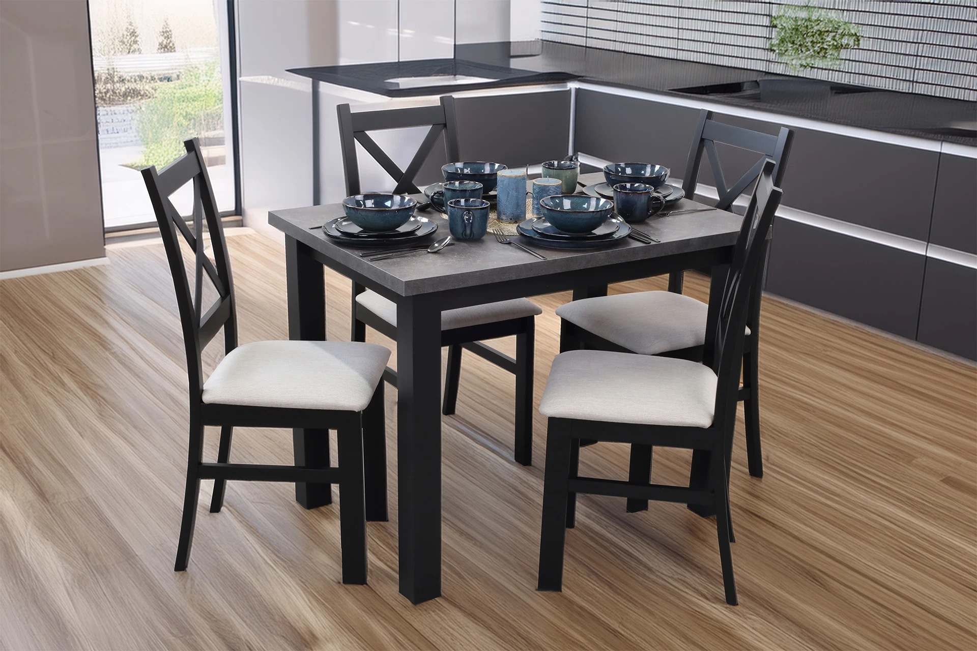 Stôl 100x70 so 4 stoličkami M004-4 Čierna/Betón