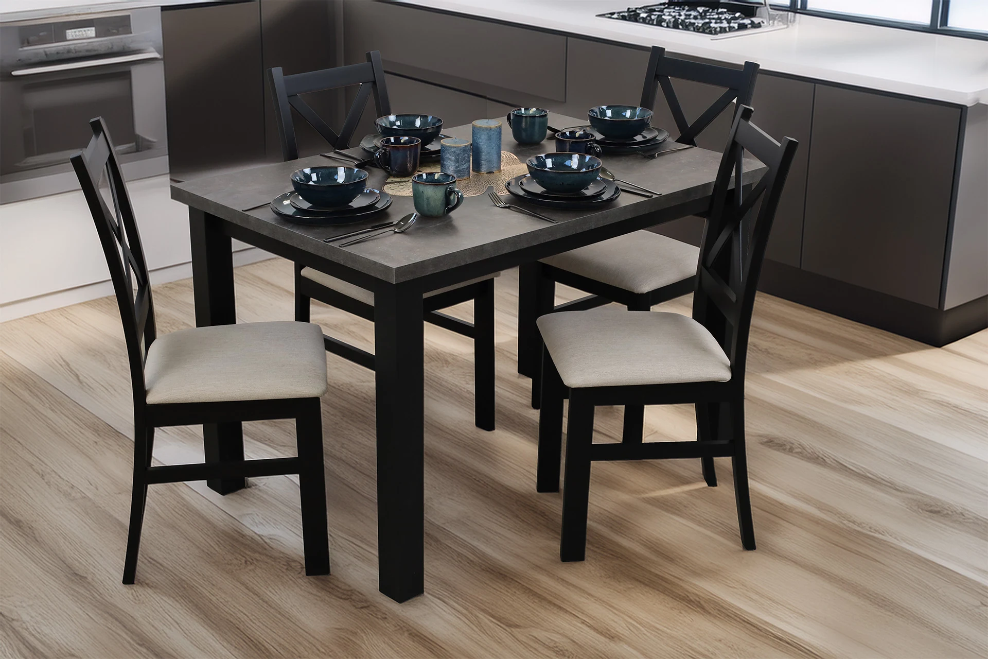 Stôl 120x80 so 4 stoličkami M005-4 Čierna/Betón