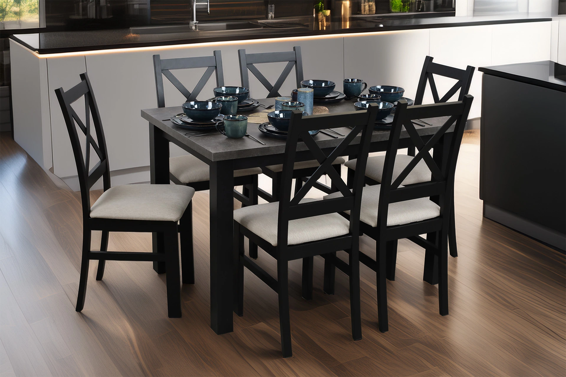 Stôl 120x80 so 6 stoličkami M005-6 Čierna/Betón