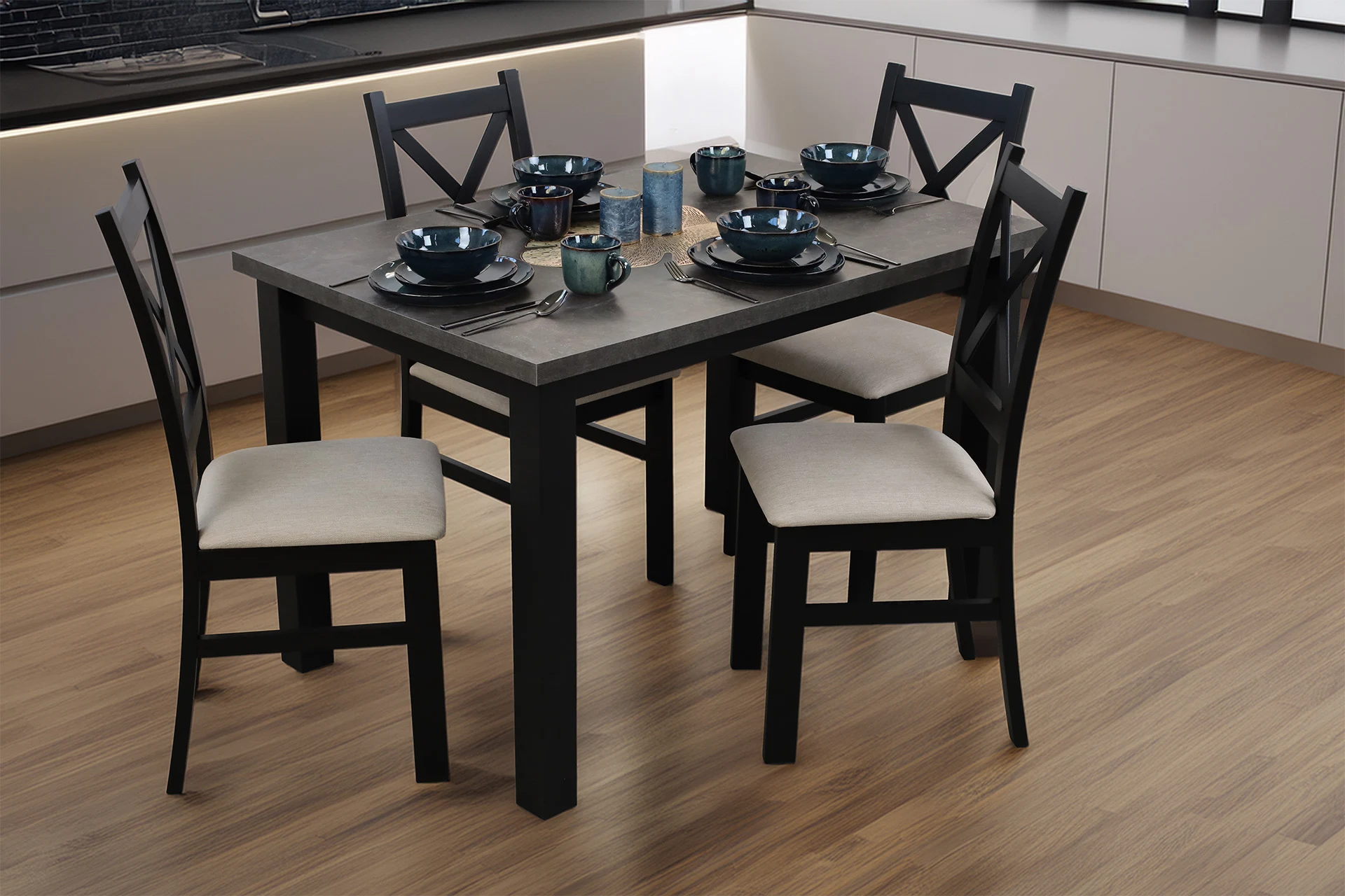 Rozkladací stôl 150/190x80 so 4 stoličkami M006-4 Čierna/Betón