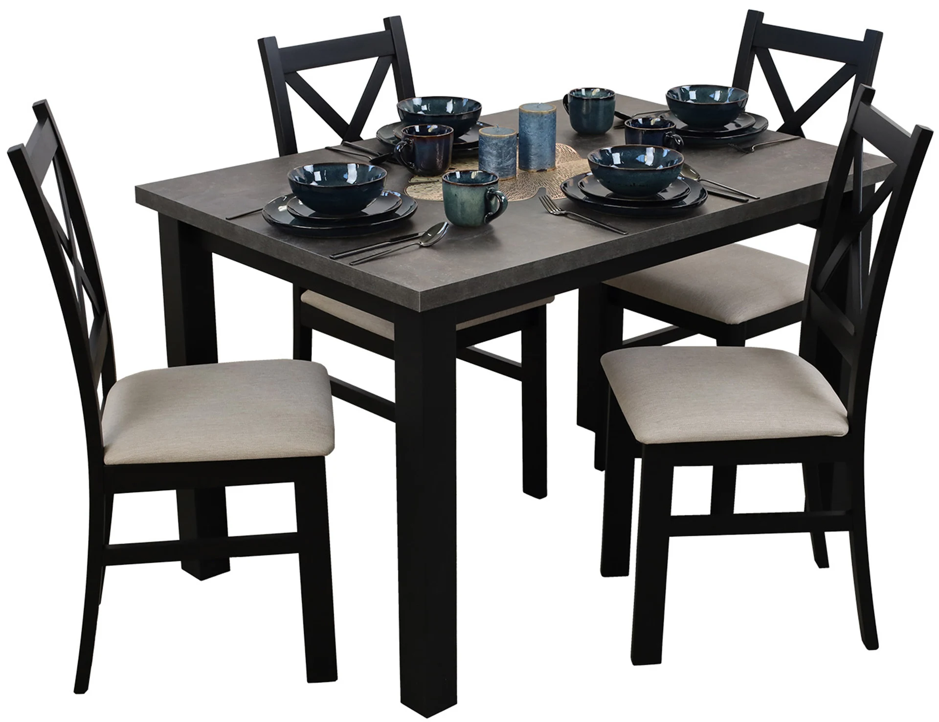 Rozkladací stôl 150/190x80 so 4 stoličkami M006-4 Čierna/Betón