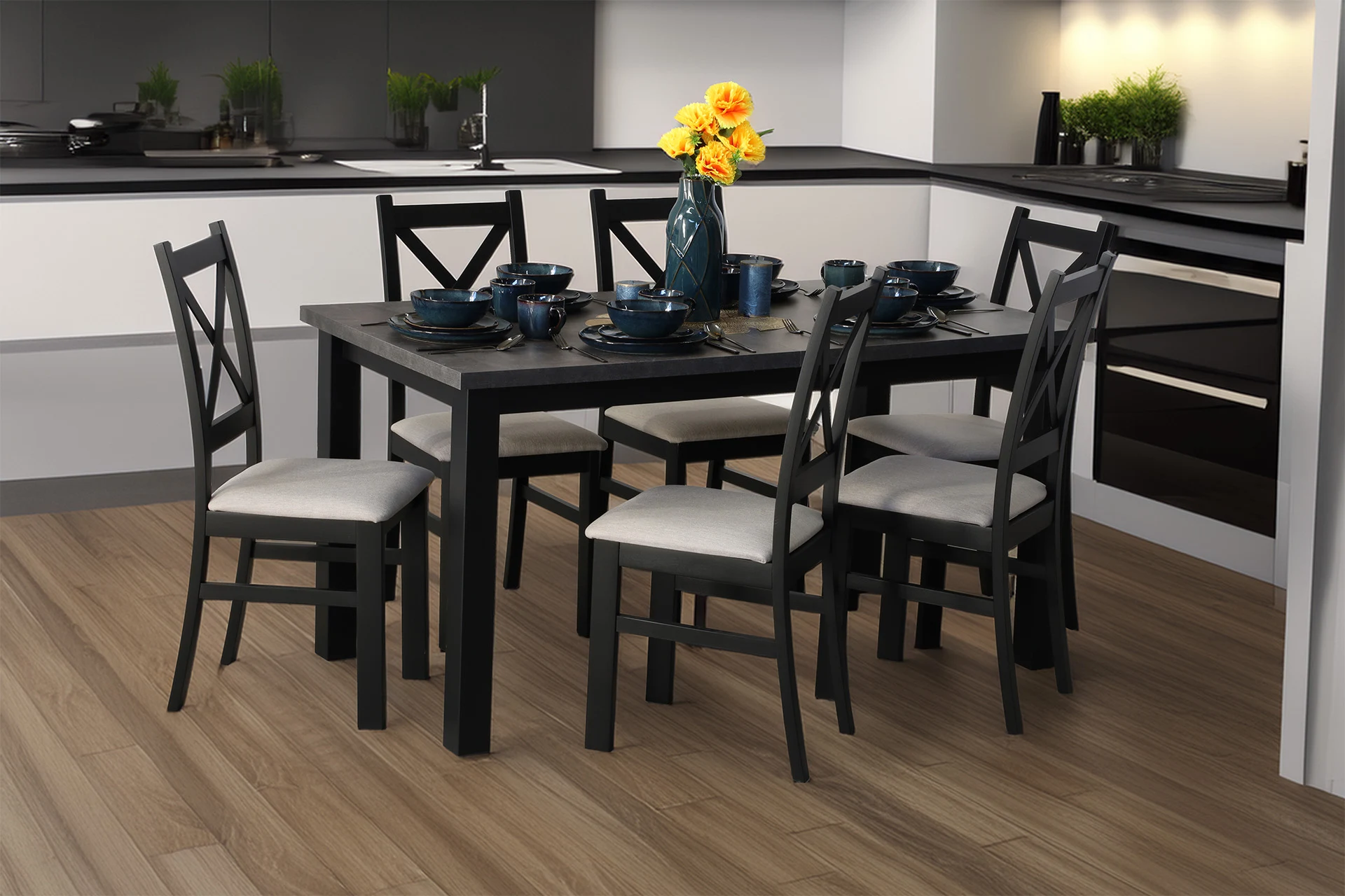 Rozkladací stôl 150/190x80 so 6 stoličkami M006-6 Čierna/Betón