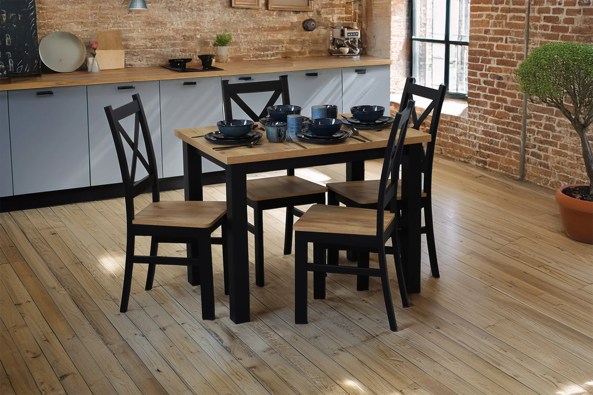 Súprava stola 120x80 so 4 stoličkami M020-4 čierna/dub Craft