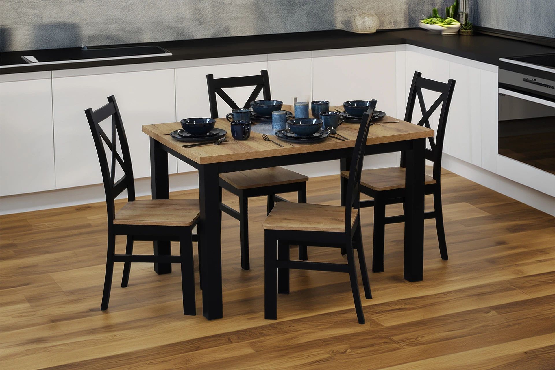 Súprava rozkladacieho stola 150/190x80 so 4 stoličkami M021-4 čierna/dub Craft