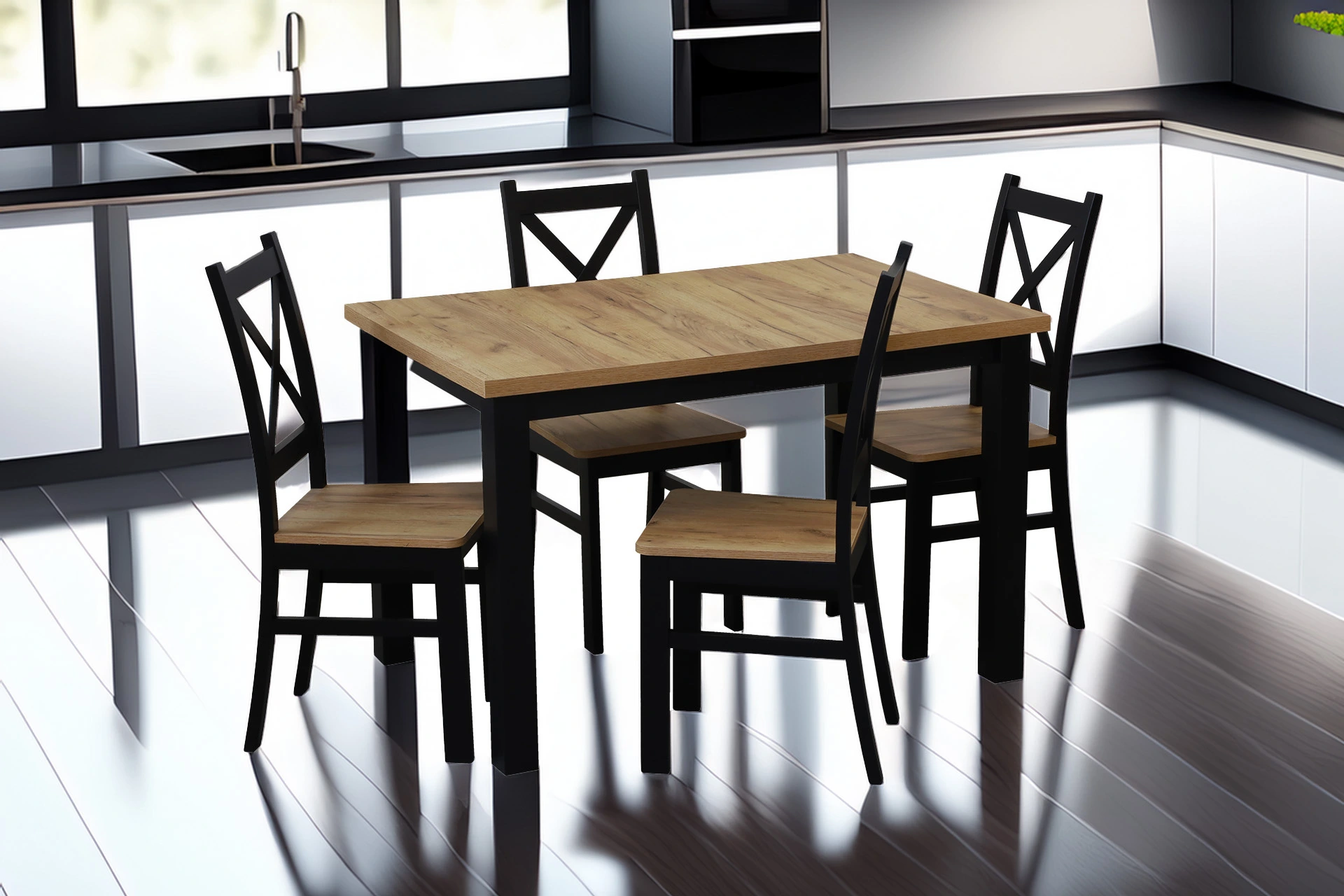 Súprava rozkladacieho stola 150/190x80 so 4 stoličkami M021-4 čierna/dub Craft