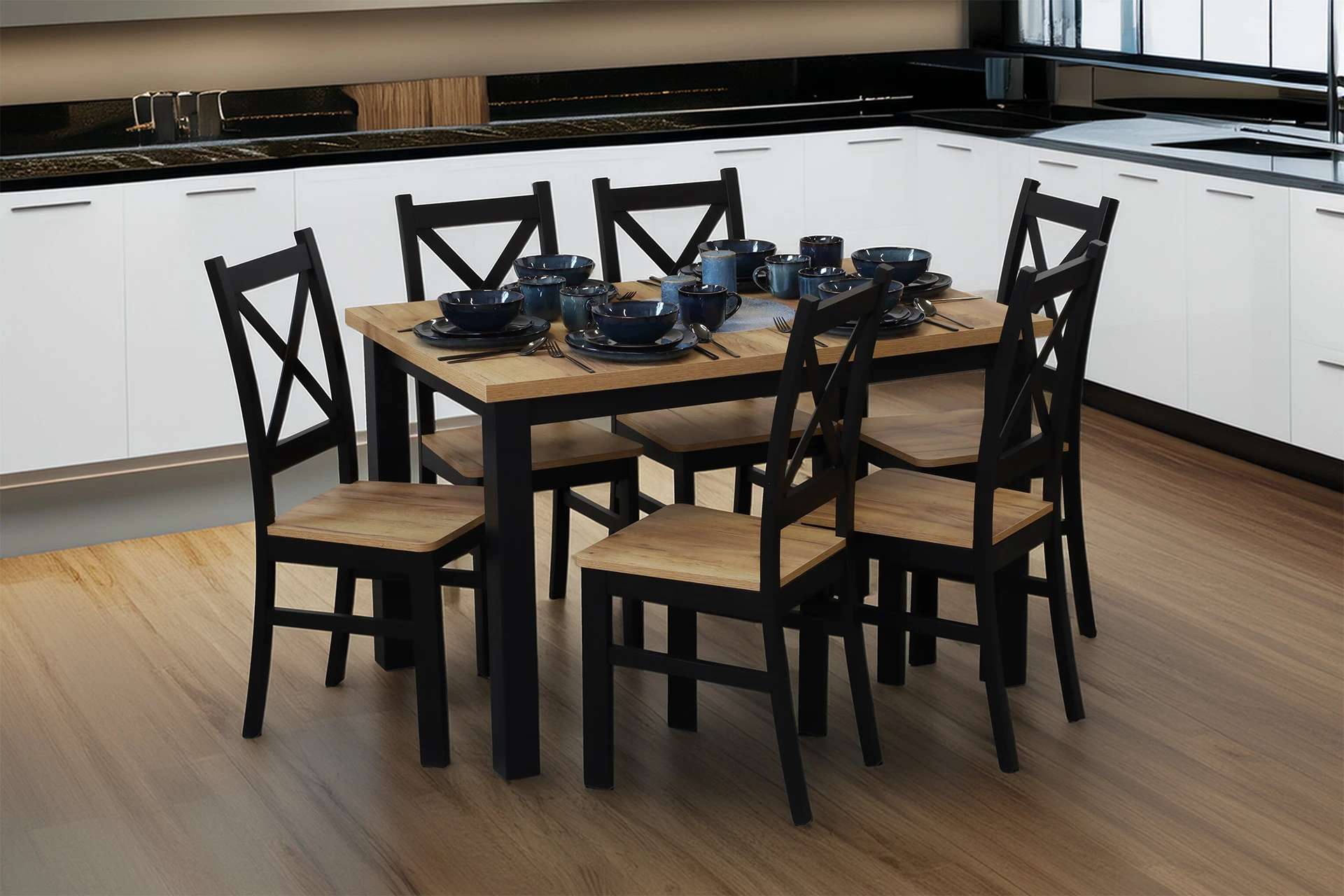 Súprava rozkladacieho stola 150/190x80 so 6 stoličkami M021-6 čierna/dub Craft